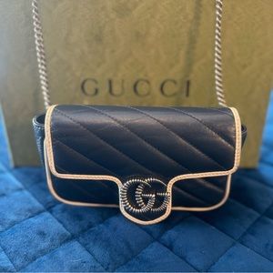 Authentic ~ Gucci Navy Blue/White Matelasse Leather Super Mini GG Crossbody